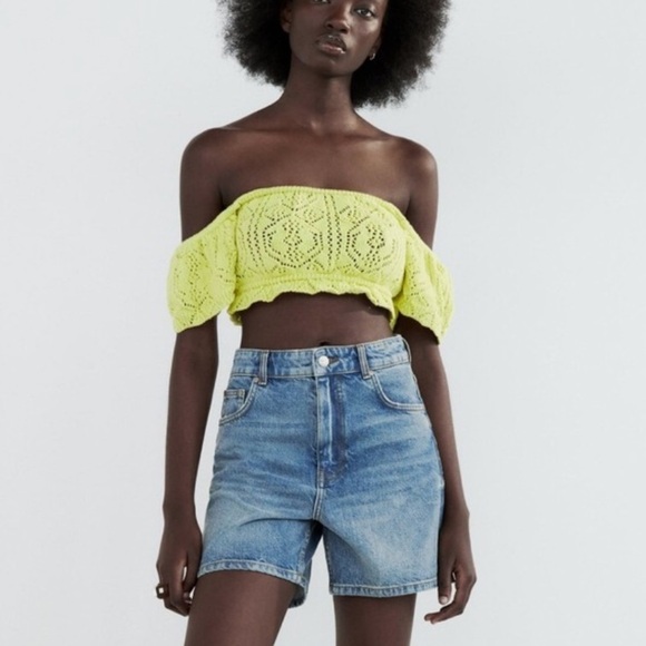 Zara Crop Top Women Small Off The Shoulder Open Knit Yellow Festival Coachella - Picture 7 of 8